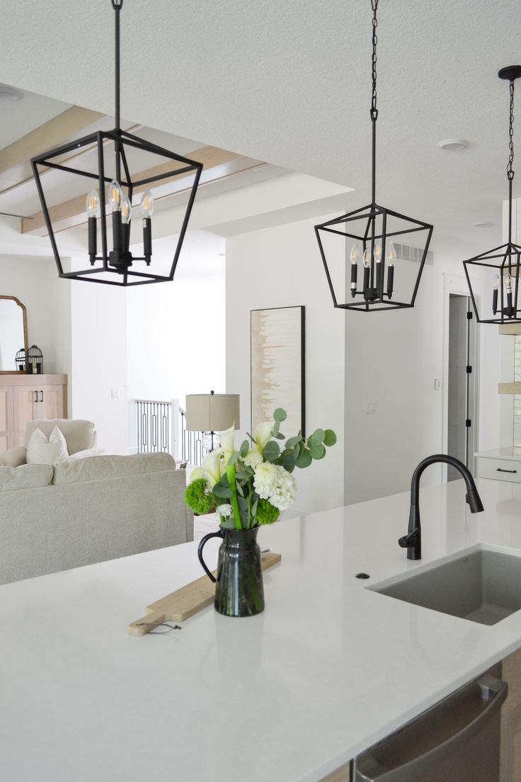 Black With White Lantern Chandeliers For Newest White And Black Modern Farmhouse Kitchen (View 6 of 15)