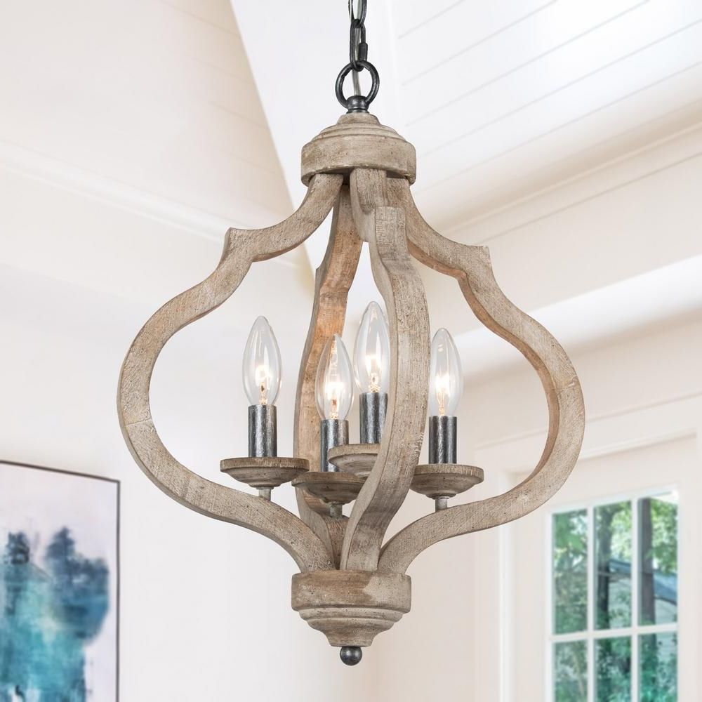 Brown Wood Lantern Chandeliers With Regard To Newest Lnc Wood Chandelier, Rustic Gray Lantern 4 Light Farmhouse Cage Pendant  Ceiling Light Dining Roo… (View 9 of 15)