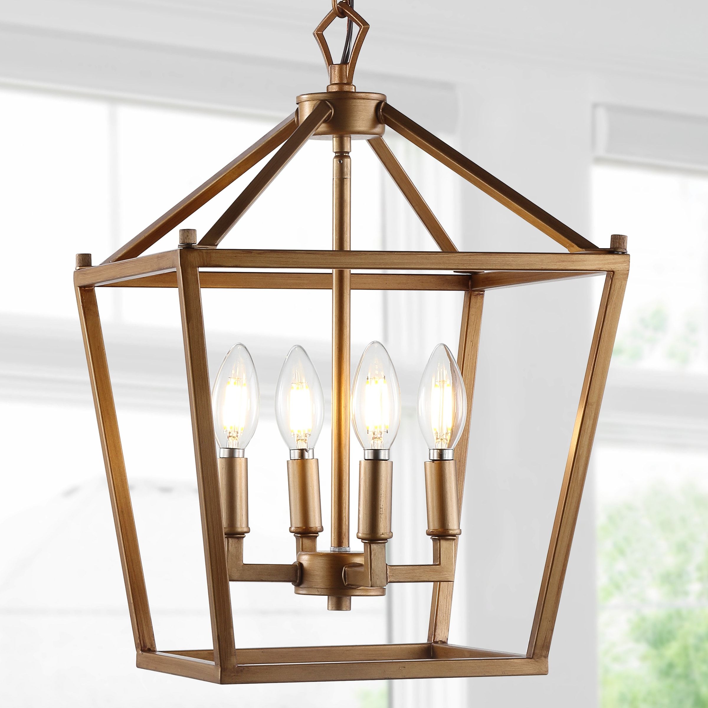 Current Jonathan Y Pagoda Traditional Transitional 4 Light Antique Gold Farmhouse  Lantern Led Kitchen Island Light In The Pendant Lighting Department At  Lowes With Regard To Chrome Lantern Chandeliers (View 15 of 15)