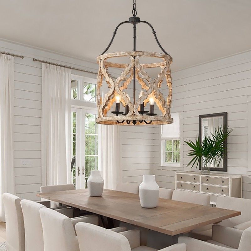 Current Vintage Distressed White Carved Wood 4 Light Lantern Farmhouse Chandelier  In Rust (View 3 of 15)