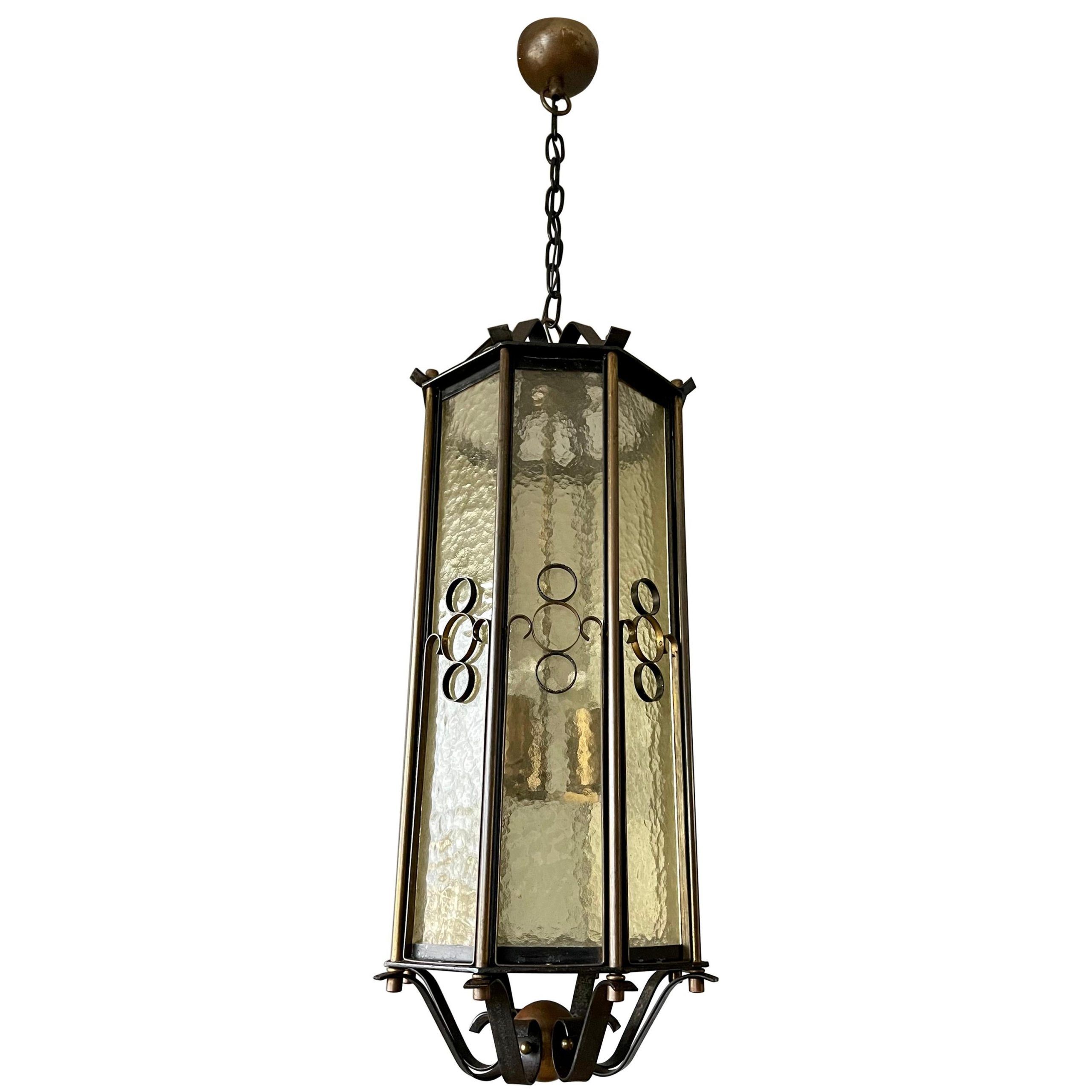 Famous Forged Iron Lantern Chandeliers Within Extra Large Brass And Wrought Iron Lantern / Pendant With Cathedral Glass,  1930s For Sale At 1stdibs (View 9 of 15)