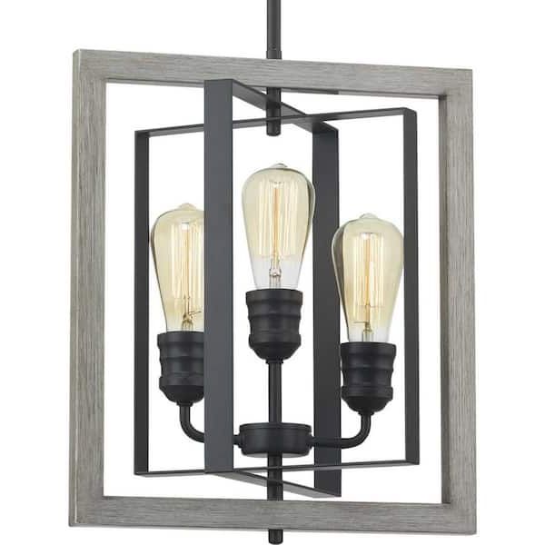 Famous Graphite Lantern Chandeliers Within Home Decorators Collection Palermo Grove 3 Light Graphite Rectangular  Pendant Hanging Light With Oak Accents, Rustic Farmhouse Kitchen Lighting  7921hdcgrdi – The Home Depot (View 12 of 15)