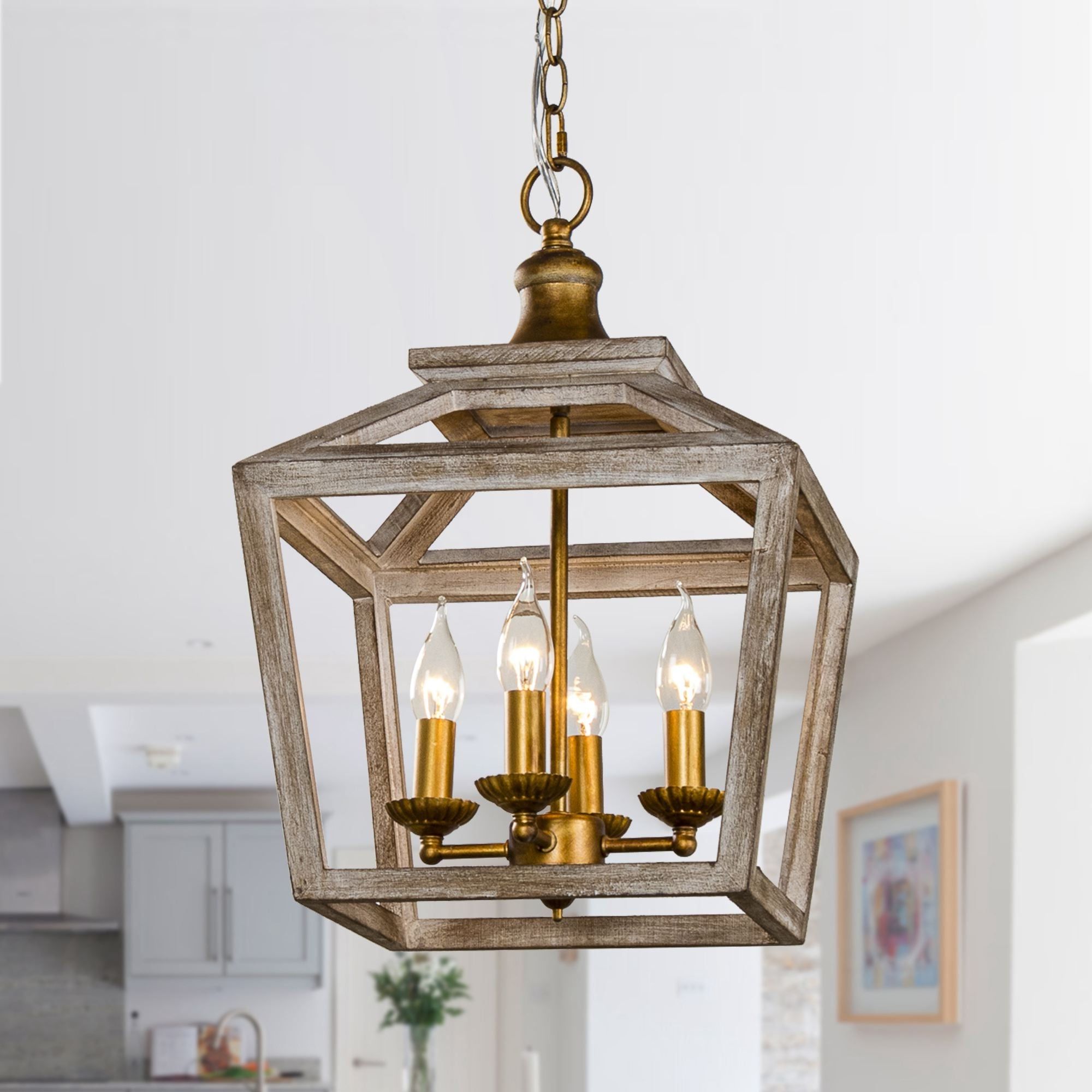 Fashionable Distressed Oak Lantern Chandeliers With Regard To Gold 4 Light Distressed Wood Lantern Pendant Chandelier – On Sale –  Overstock –  (View 3 of 15)