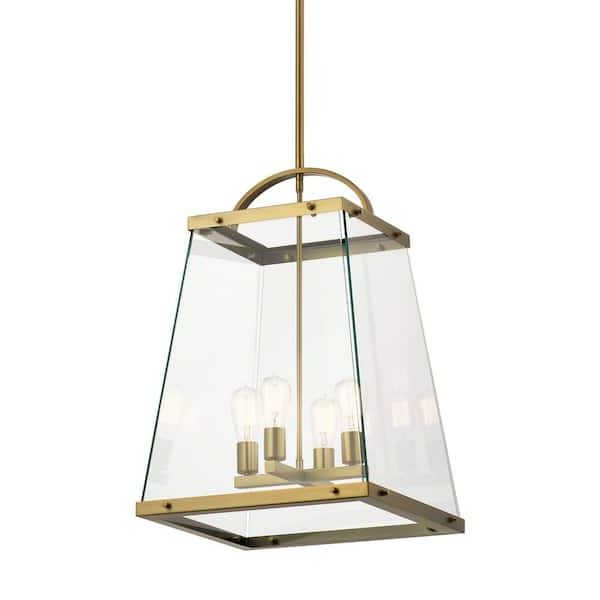 Fashionable Kichler Darton 4 Light Brushed Natural Brass Transitional Large Foyer  Pendant Hanging Light With Clear Glass 52124bnb – The Home Depot With Regard To Natural Brass Foyer Lantern Chandeliers (View 6 of 15)