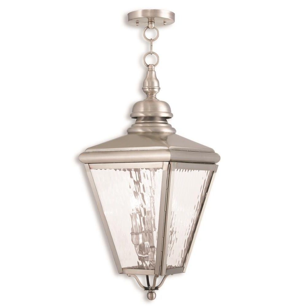 Fashionable Livex Lighting Cambridge 3 Light Brushed Nickel Traditional Textured Glass  Square Outdoor Pendant Light In The Pendant Lighting Department At Lowes With Regard To Textured Nickel Lantern Chandeliers (View 4 of 15)