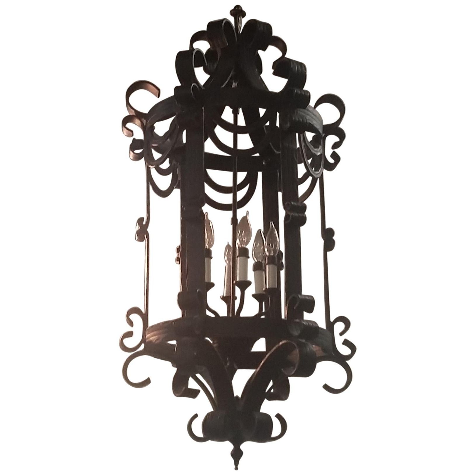 Forged Iron Lantern Chandeliers Within Preferred Classic Gothic Scroll Lantern Ribbon Style Wrought Iron Chandelier Hand  Forged For Sale At 1stdibs (View 6 of 15)