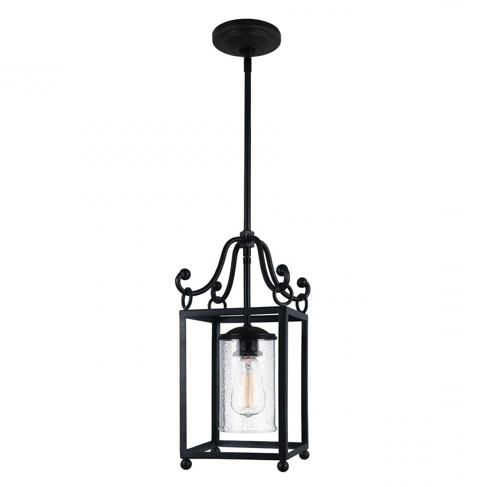 Forged Wroght Iron Small Hanging Hall Lantern With Single Bulb Inside Best And Newest Forged Iron Lantern Chandeliers (View 5 of 15)