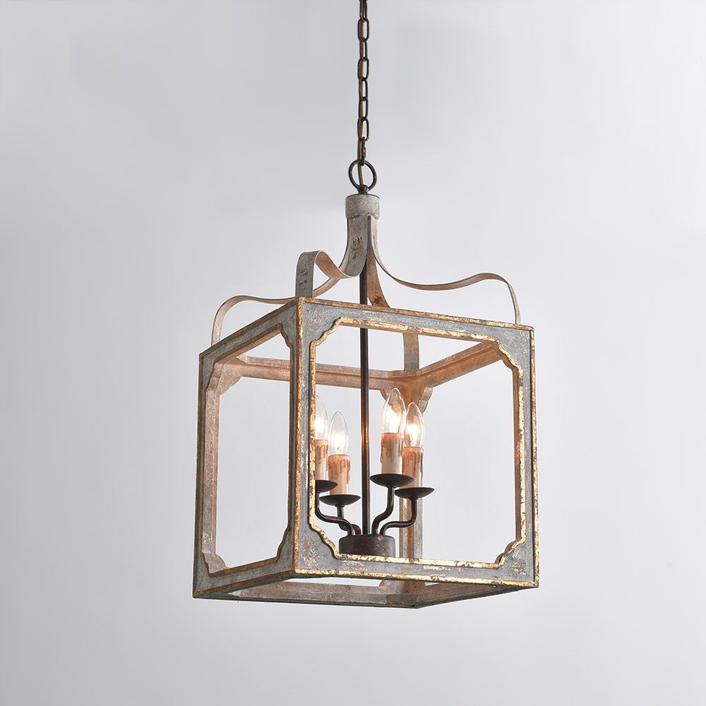 French 4 Light Lantern Chandelier Square Candelabra Pendant Light In  Antique Grey  Homary Regarding Most Up To Date Driftwood Lantern Chandeliers (View 8 of 15)