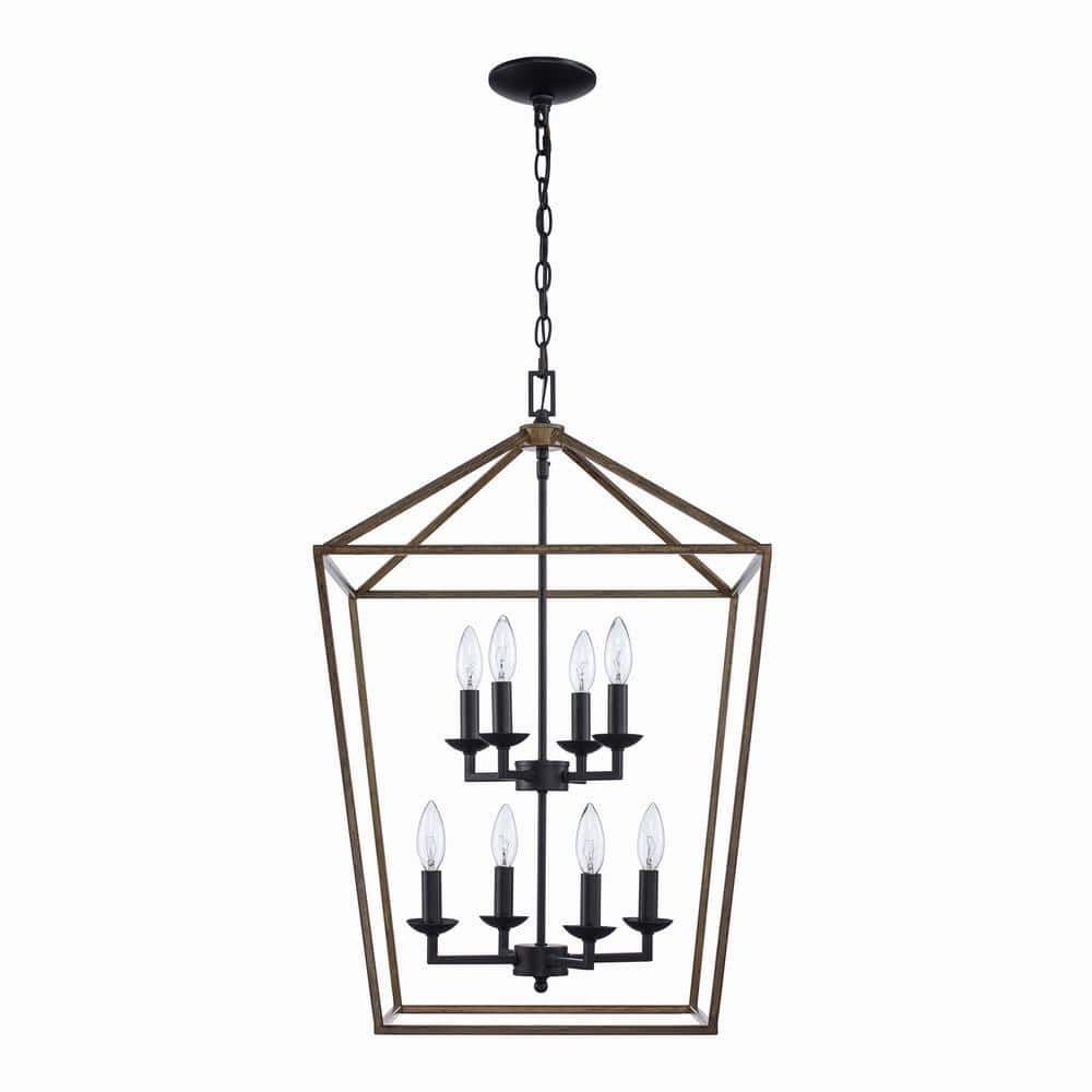 Home Decorators Collection Weyburn 8 Light Black And Faux Wood Caged  Farmhouse Chandelier For Dining Room, Lantern Kitchen Light 86201 Fw Bk –  The Home Depot Inside Most Recent Eight Light Lantern Chandeliers (View 3 of 15)