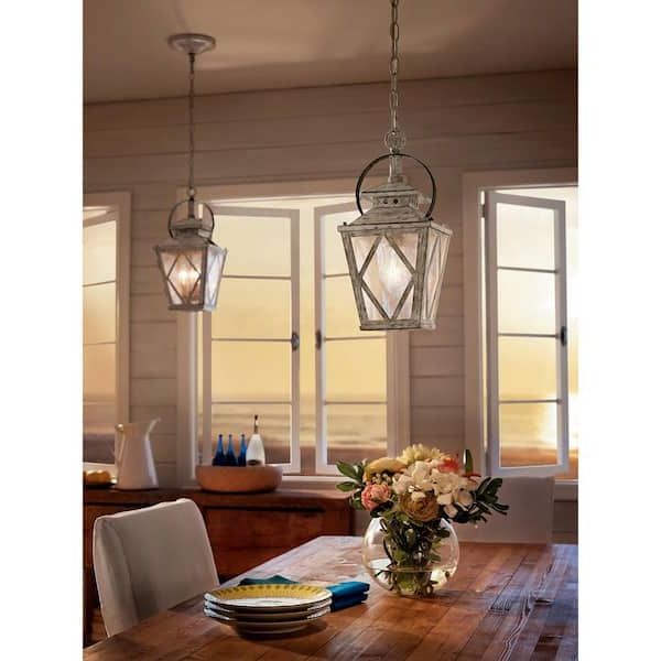 Kichler Hayman Bay 2 Light Distressed Antique White Farmhouse Kitchen Lantern  Pendant Hanging Light With Clear Seeded Glass 43258daw – The Home Depot For 2019 White Distressed Lantern Chandeliers (View 8 of 15)