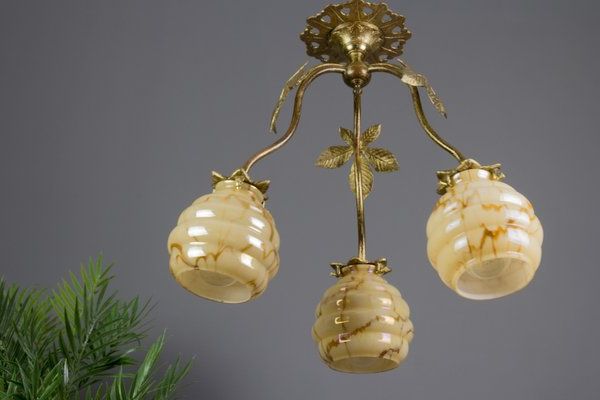 Latest Chestnut Lantern Chandeliers Pertaining To Art Deco Bronze Chestnut And Marbled Glass Three Light Chandelier For Sale  At Pamono (View 15 of 15)