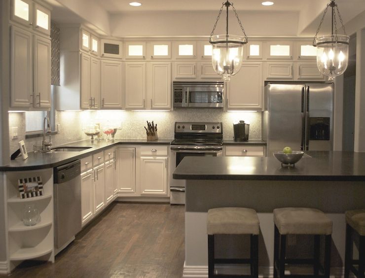 Lit Kitchen Cabinets – Transitional – Kitchen – A Well Dressed Home Regarding Well Known Gloss Cream Lantern Chandeliers (View 14 of 15)
