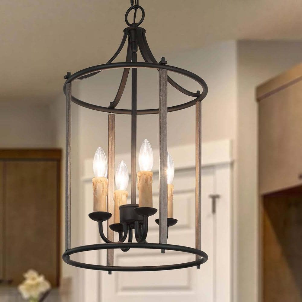 Lnc Bronze Caged Chandelier, Faux Wood 4 Light Candlestick Black Lantern  Island Pendant Light Farmhouse Chandelier Frriiihd14066c7 – The Home Depot In Recent Weathered Driftwood And Gold Lantern Chandeliers (View 10 of 15)