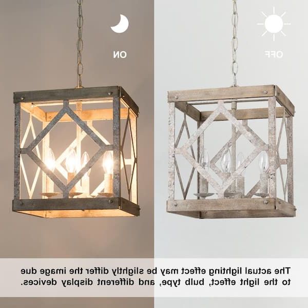 Lnc Farmhouse Cage Chandelier, 4 Light Gray French Country Wood Lantern  Square Pendant Chandelier With Rustic Metal Accents 26nmv3hd14011t7 – The  Home Depot Pertaining To Favorite 18 Inch Lantern Chandeliers (View 14 of 15)