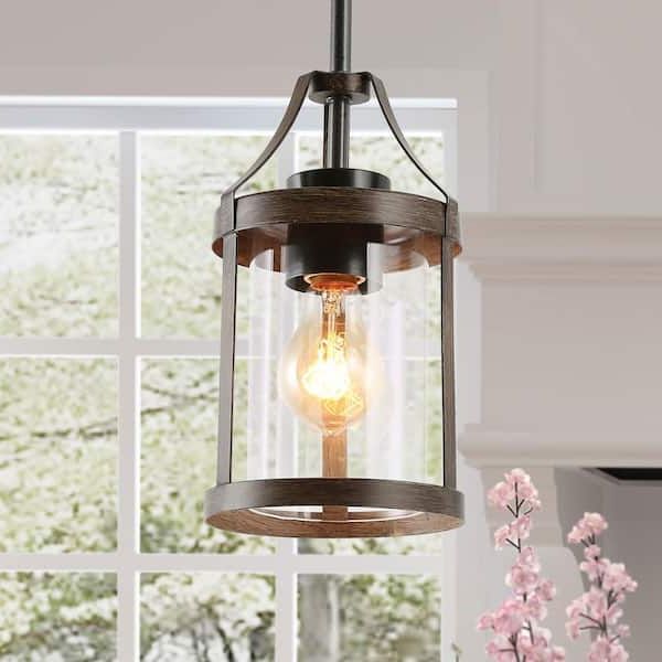 Lnc Morice Modern Farmhouse Brown 1 Light Pendant Light Rustic Faux Wood  Accent Pendant Chandelier With Clear Glass Shade Vnrnbuhd13547l6 – The Home  Depot With Newest Clear Glass Shade Lantern Chandeliers (View 5 of 15)