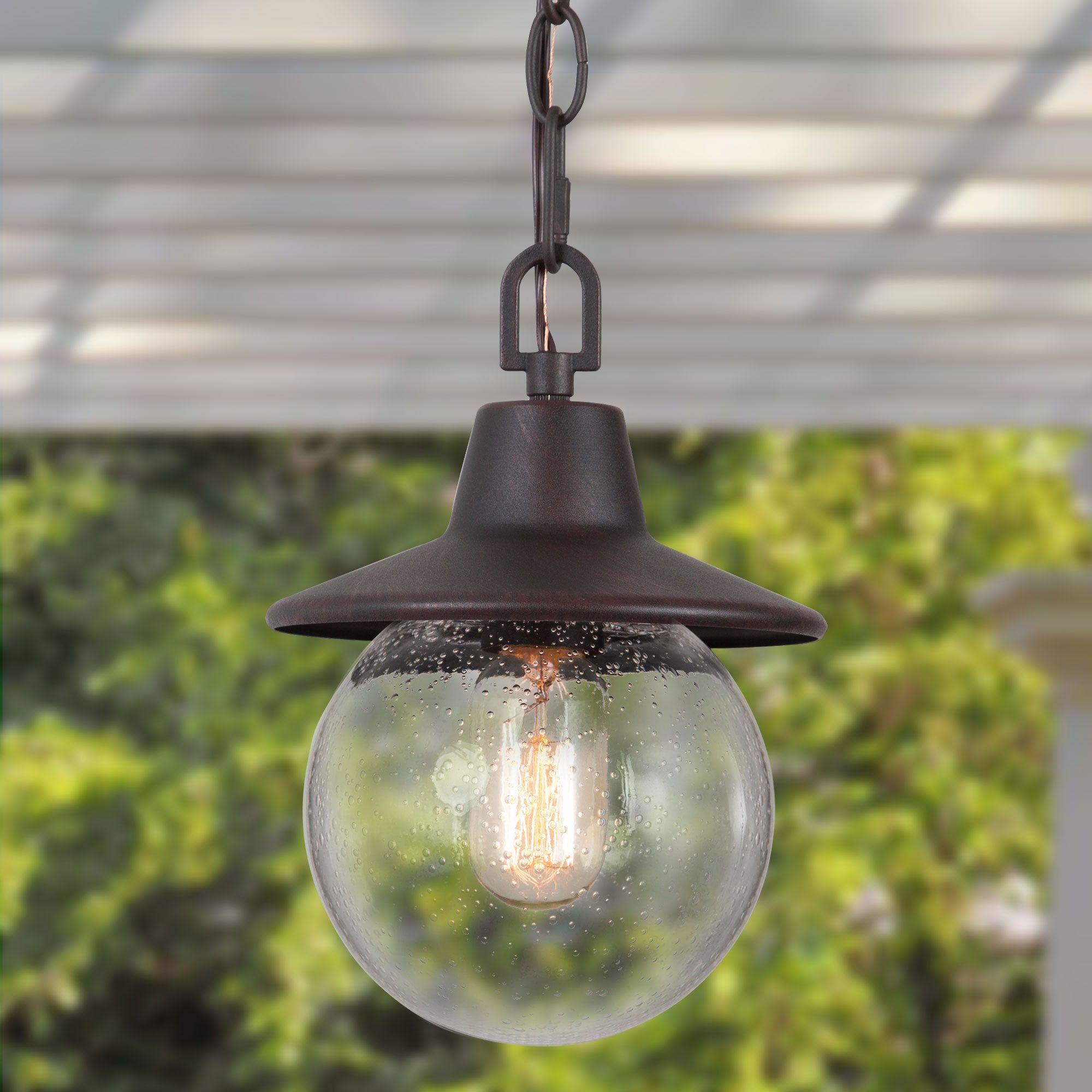 Lnc Pavilion Antique Bronze And Clear Seeded Glass Farmhouse Clear Glass  Globe Led Mini Outdoor Pendant Light In The Pendant Lighting Department At  Lowes Inside Well Known Seeded Clear Glass Lantern Chandeliers (View 12 of 15)