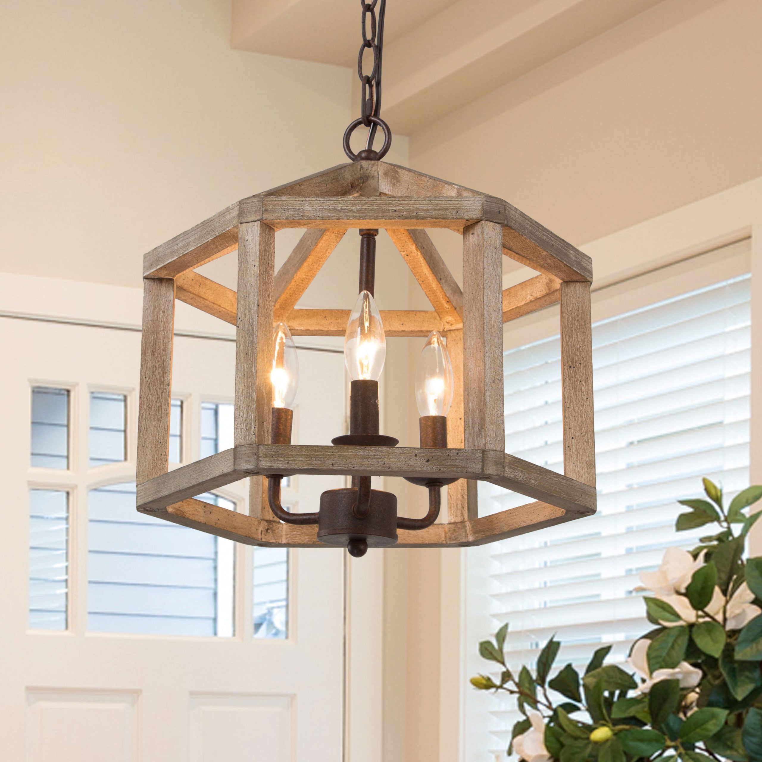 Lnc Quaint 3 Light Distressed Wood Brown And Rustic Bronze Drum Farmhouse  Cage Led Chandelier In The Chandeliers Department At Lowes With Regard To Most Popular Distressed Oak Lantern Chandeliers (View 2 of 15)