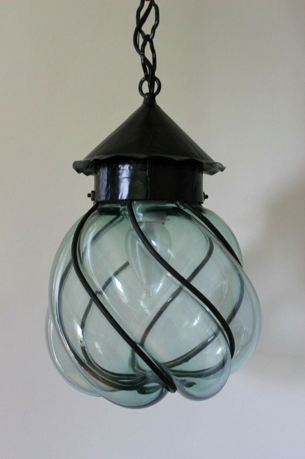 Midcentury Italian Handblown Caged Blue Glass Lantern Pendant Ceiling Light (View 6 of 15)