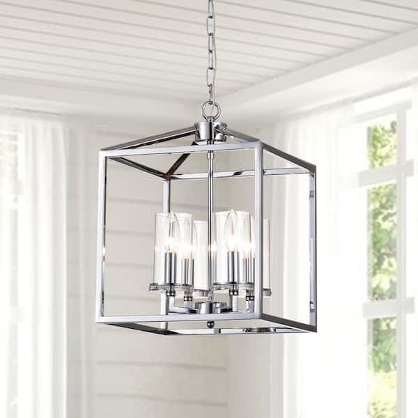 Most Current Chrome Lantern Chandeliers Throughout Maxax Springfield 4 Light Chrome Lantern Square/rectangle Chandelier With  Wrought Iron Accents Mx19024 4ch P – The Home Depot (View 9 of 15)