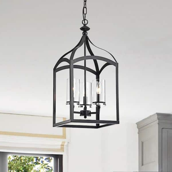 Most Current Distressed Black Lantern Chandeliers In Edvivi Renzo Traditional 3 Light Antique Black Lantern Pendant With Clear  Glass Shades Epl117bk – The Home Depot (View 10 of 15)