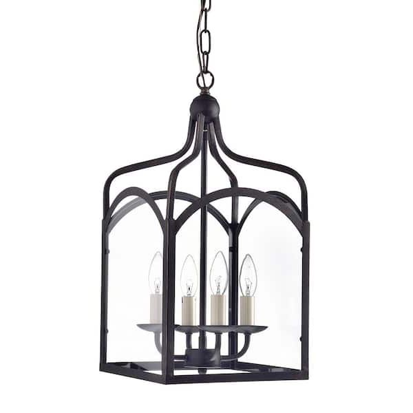 Most Current Lantern Chandeliers With Transparent Glass Throughout Edvivi Renzo Traditional 4 Light Modern Farmhouse Antique Bronze Lantern  Chandelier With Clear Glass Panels Epl1119ab – The Home Depot (View 5 of 15)