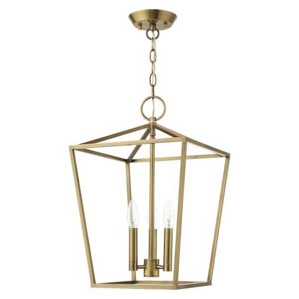 Most Current Livex Lighting Devone 3 Light Antique Brass Convertible Pendant 49433 01 –  The Home Depot Within Aged Brass Lantern Chandeliers (View 13 of 15)