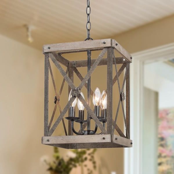 Most Up To Date Brown Wood Lantern Chandeliers Regarding Lnc Wood Chandelier 4 Light Candlestick Island Farmhouse Brown Lantern Cage  Geometric Rustic Square Pendant Chandelier Jvf6rehd14003g7 – The Home Depot (View 3 of 15)