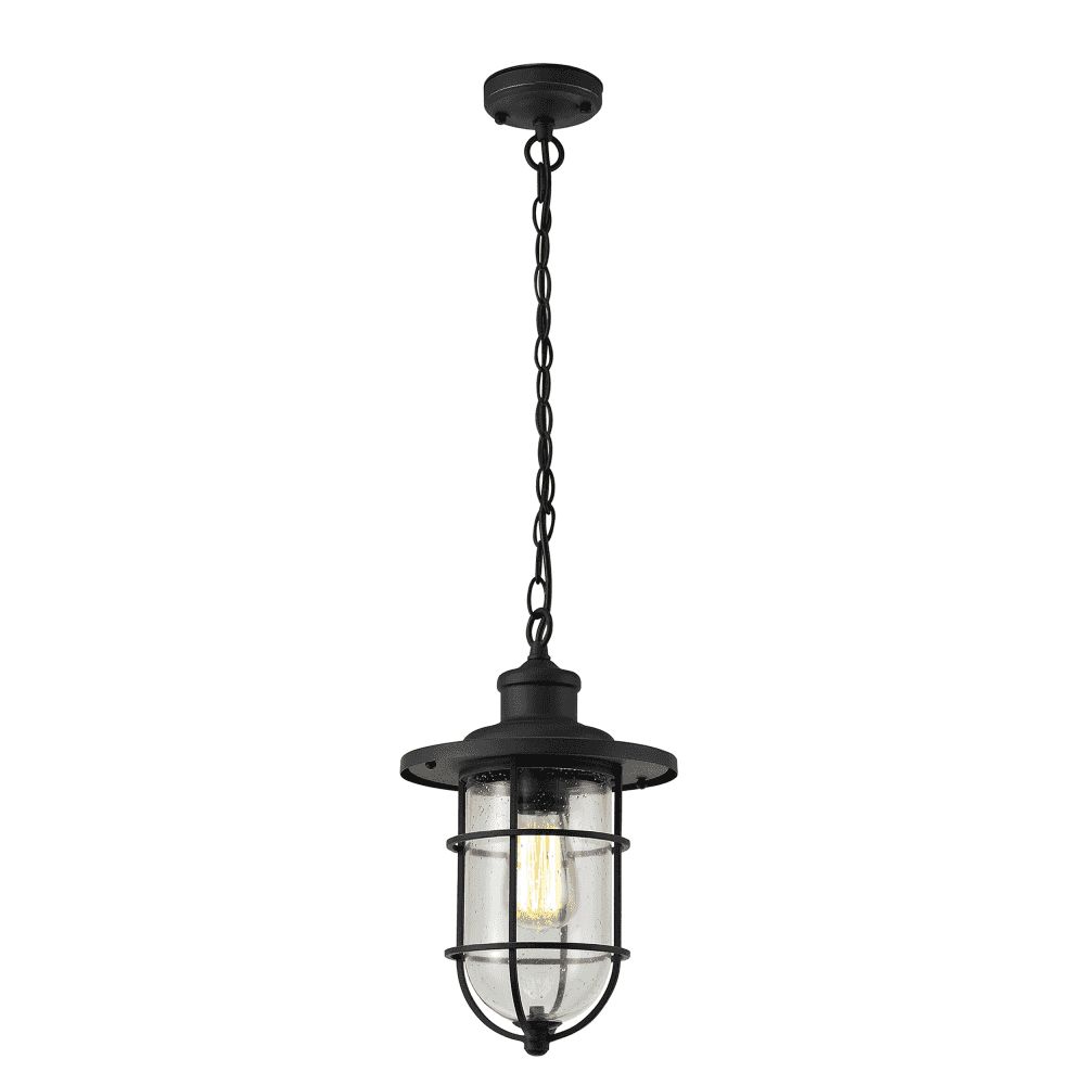 Most Up To Date Sandford Ip54 Outdoor Pendant Light In Black And Gold For Seeded Clear Glass Lantern Chandeliers (View 11 of 15)
