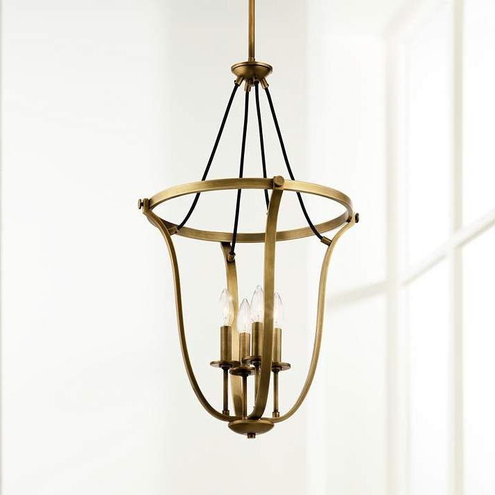Natural Brass Foyer Lantern Chandeliers With Newest Kichler Thisbe 17 1/2"w Natural Brass 4 Light Foyer Pendant – #75c (View 12 of 15)
