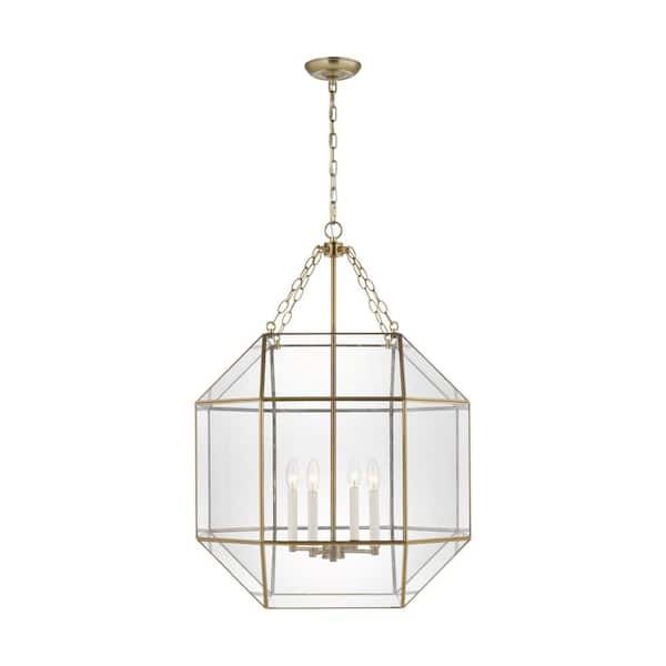 Newest Sea Gull Lighting Morrison 4 Light Satin Brass Large Lantern Pendant Light  With Clear Glass Panel 5279404en 848 – The Home Depot Within Lantern Chandeliers With Transparent Glass (View 1 of 15)