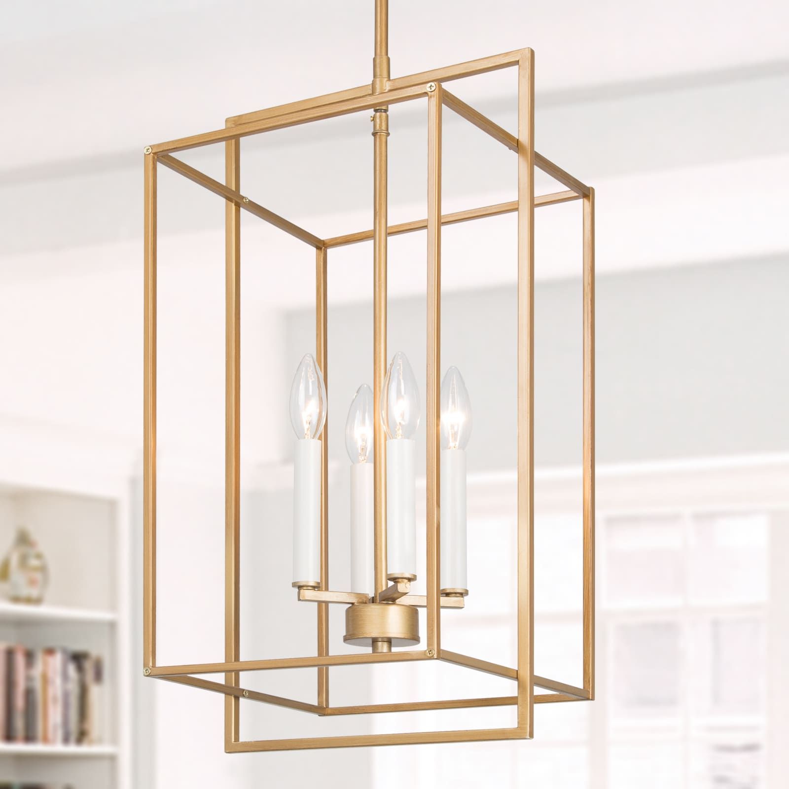 Recent White Gold Lantern Chandeliers With Regard To Lnc Ellan 4 Light Gold And White Candle Holder Modern/contemporary  Geometric Led Kitchen Island Light In The Pendant Lighting Department At  Lowes (View 7 of 15)