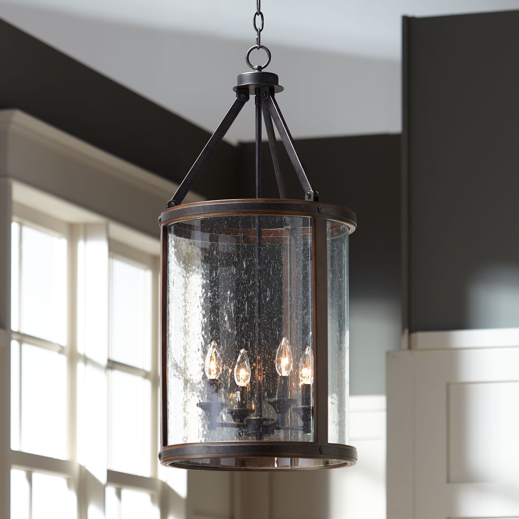 Rustic Gray Lantern Chandeliers Pertaining To Latest Franklin Iron Works Metal Wood Pendant Chandelier 16" Wide Rustic Farmhouse  Clear Seeded Glass 4 Light Fixture Dining Room Foyer – Walmart (View 8 of 15)