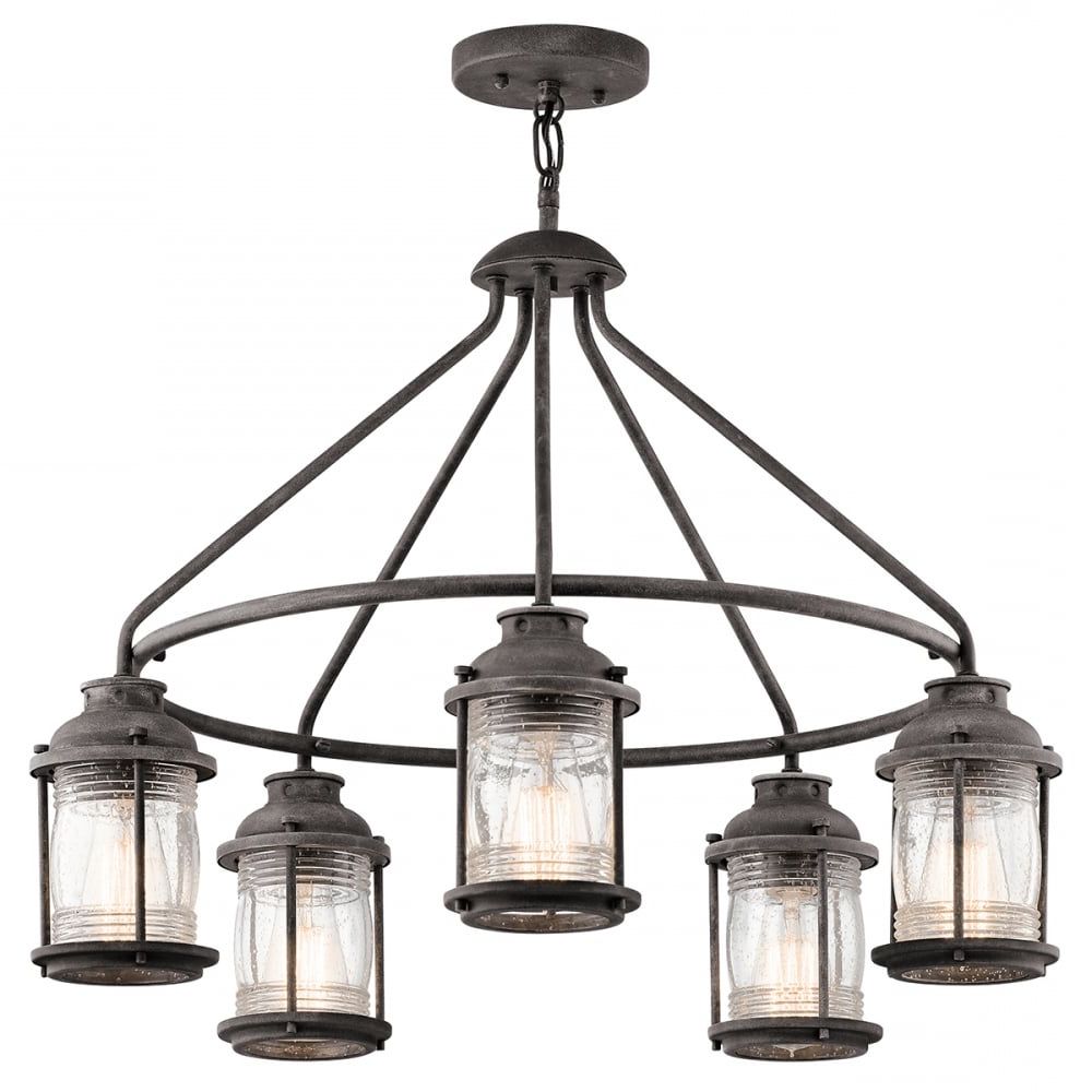 Rustic Traditional 5 Light Exterior Chandelier In Weathered Zinc Regarding Fashionable Weathered Zinc Lantern Chandeliers (View 1 of 15)
