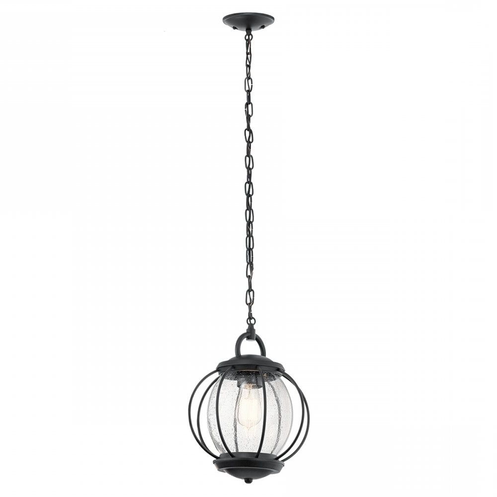 Textured Black Lantern Chandeliers Intended For Widely Used Small Exterior Pendant Cage Seed Glass Globe Black Lighting And Lights (View 12 of 15)