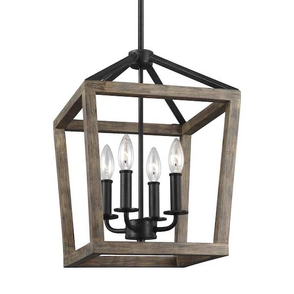 Trendy Feiss Gannet 4 Light Weathered Oak Wood And Antique Forged Iron Rustic  Farmhouse Small Caged Hanging Candlestick Chandelier F3190/4wow/af – The  Home Depot Pertaining To Weathered Oak Wood Lantern Chandeliers (View 4 of 15)