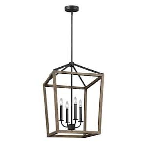 Weathered Oak Wood Lantern Chandeliers Within Best And Newest Feiss Gannet 4 Light Weathered Oak Wood And Antique Forged Iron Rustic  Farmhouse Small Caged Hanging Candlestick Chandelier F3190/4wow/af – The  Home Depot (View 1 of 15)