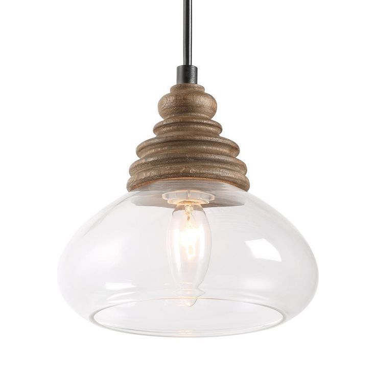 Well Known Lnc Farmhouse 1 Light Clear Glass Pendant With Vintage Birchwood Base  A03544 – The Home Depot (View 9 of 15)