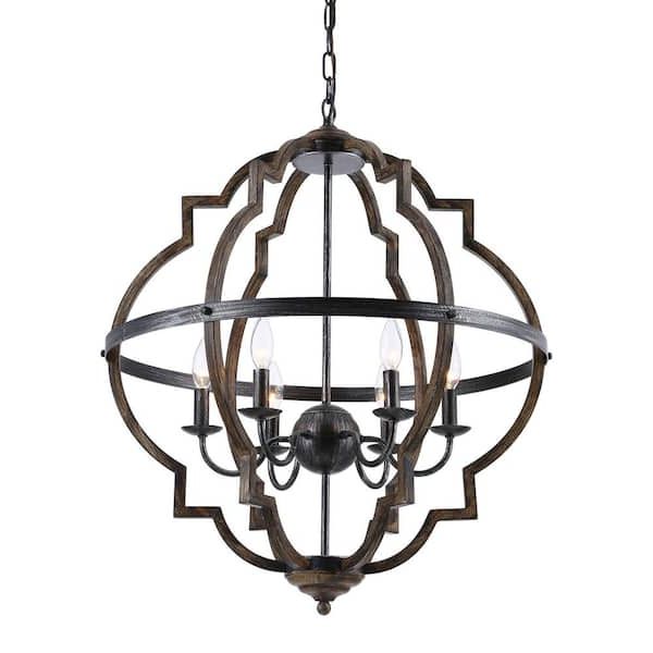 Well Known Parrot Uncle Cambon 6 Light Distressed Black And Brushed Wood Lantern  Geometric Chandelier D2260 6bz110v – The Home Depot Throughout Distressed Black Lantern Chandeliers (View 9 of 15)