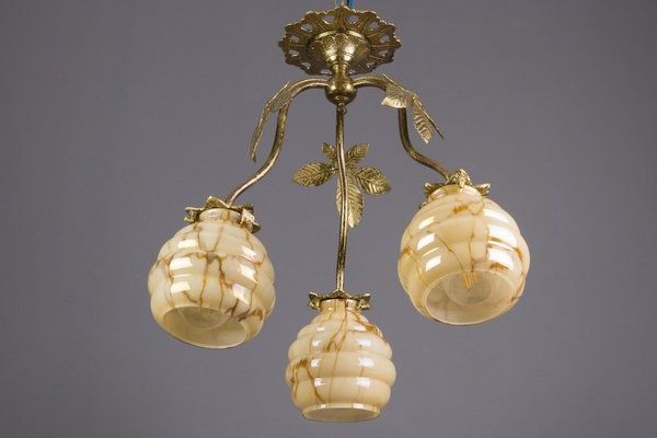 Well Liked Art Deco Bronze Chestnut And Marbled Glass Three Light Chandelier For Sale  At Pamono Inside Chestnut Lantern Chandeliers (View 14 of 15)