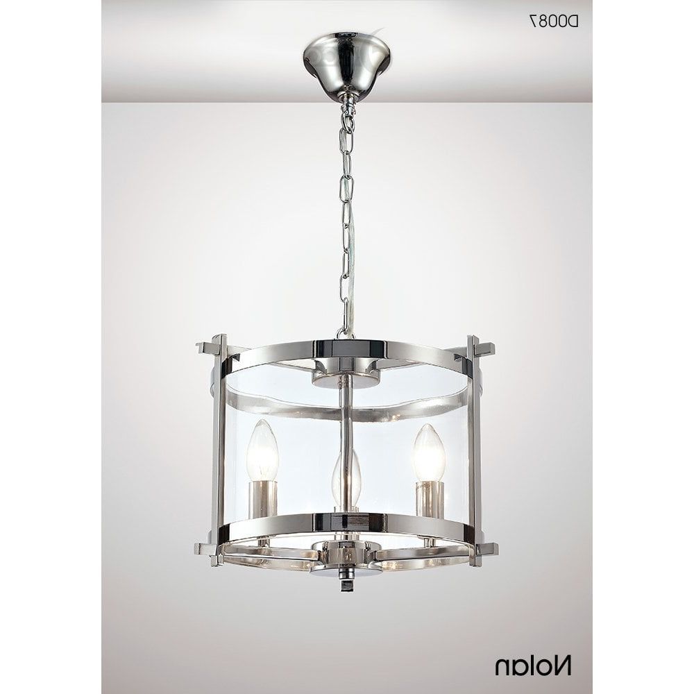 Widely Used Deco Polished Nickel Lantern Chandeliers Inside Deco D0087 Nolan Lantern 3 Light Small Ceiling Pendant In Polished Chrome  Finish With Clear Glass N21517 – Indoor Lighting From Castlegate Lights Uk (View 5 of 15)