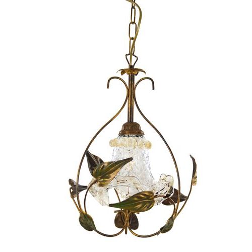 Widely Used Murano Chandelier 1 Light, Bronze Frame With Green Leaves, Gold  Brushstroke, Murano Crystal And Gold Glass Cups For Pearl Bronze Lantern Chandeliers (View 12 of 15)