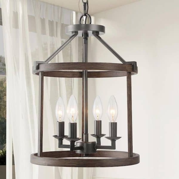 Lnc Cordelia 4 Light Dark Wood Grain Candlestick Chandelier With Cage Shade  And Rusty Black Candlestick Lights A03406 – The Home Depot With Regard To Recent Sullivan Rustic Blue Lantern Chandeliers (View 16 of 27)