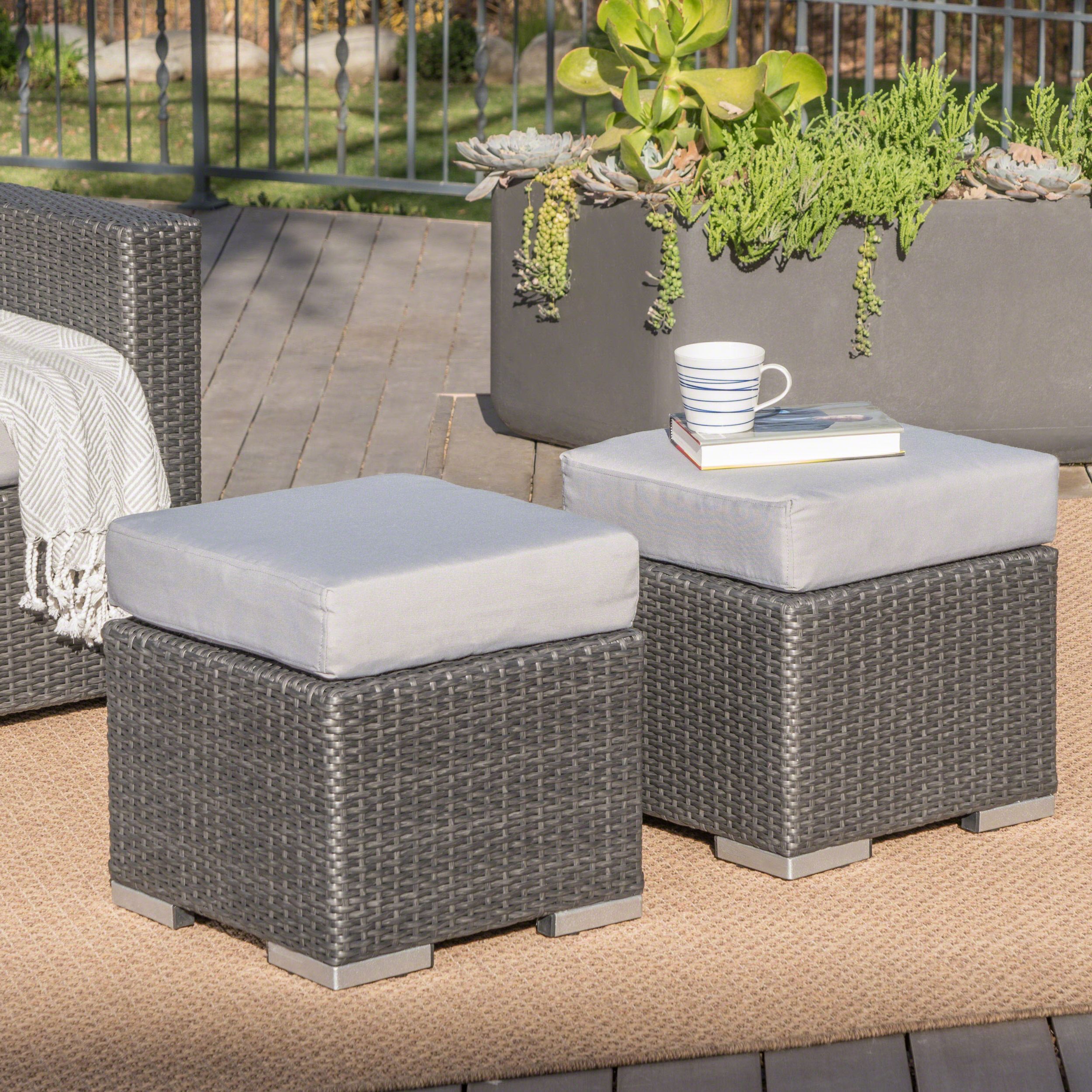 16 Inch Ottomans Intended For Favorite Avianna Outdoor 16 Inch Wicker Ottoman Seat With Cushion, Set Of 2, Grey,  Silver – Walmart (View 9 of 15)