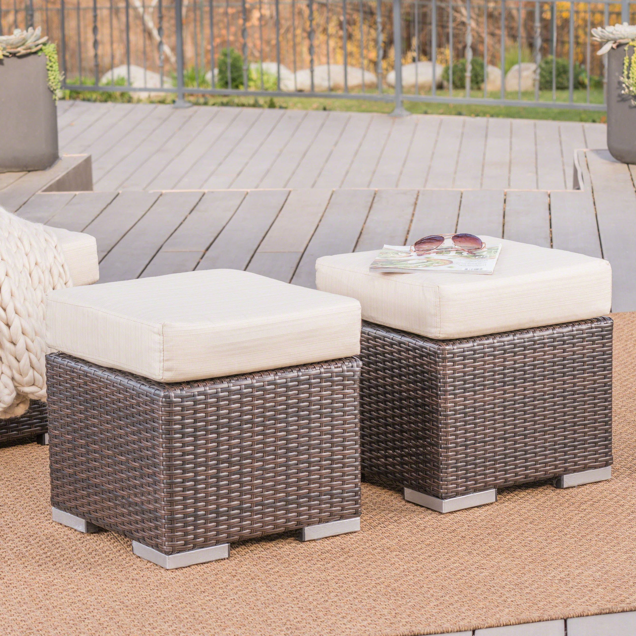 16 Inch Ottomans Pertaining To Well Known Avianna Outdoor 16 Inch Wicker Ottoman Seat With Cushion, Set Of 2,  Multibrown, Beige – Walmart (View 13 of 15)