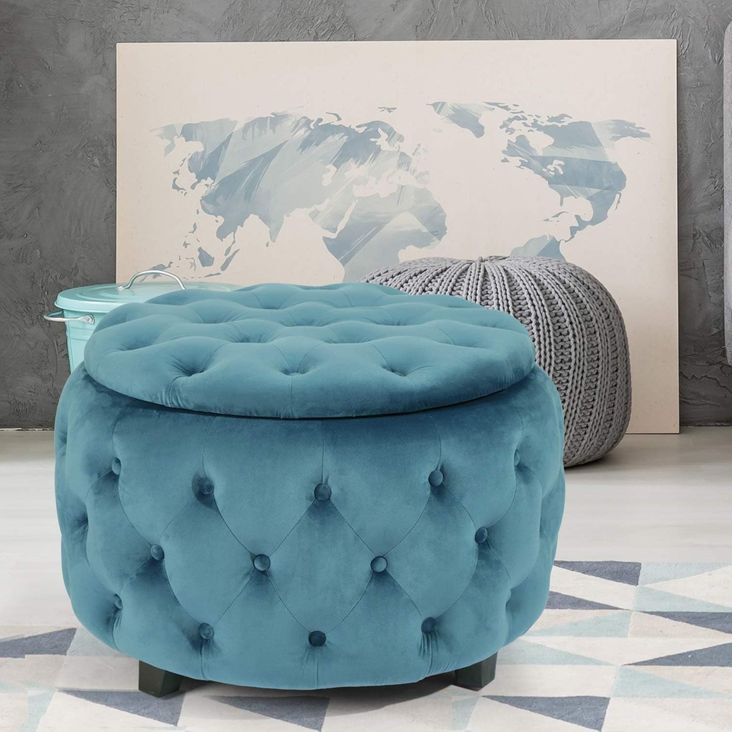 18 Inch Ottomans Throughout Latest Adeco Tufted Blue Round Storage Ottoman – On Sale – Overstock –  (View 6 of 15)