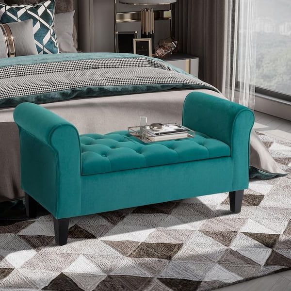 2019 Fabric Upholstered Ottomans Pertaining To Homcom Green Storage Ottoman, Fabric Upholstered Bench With Armrests For  Bedroom 838 170gn – The Home Depot (View 13 of 15)
