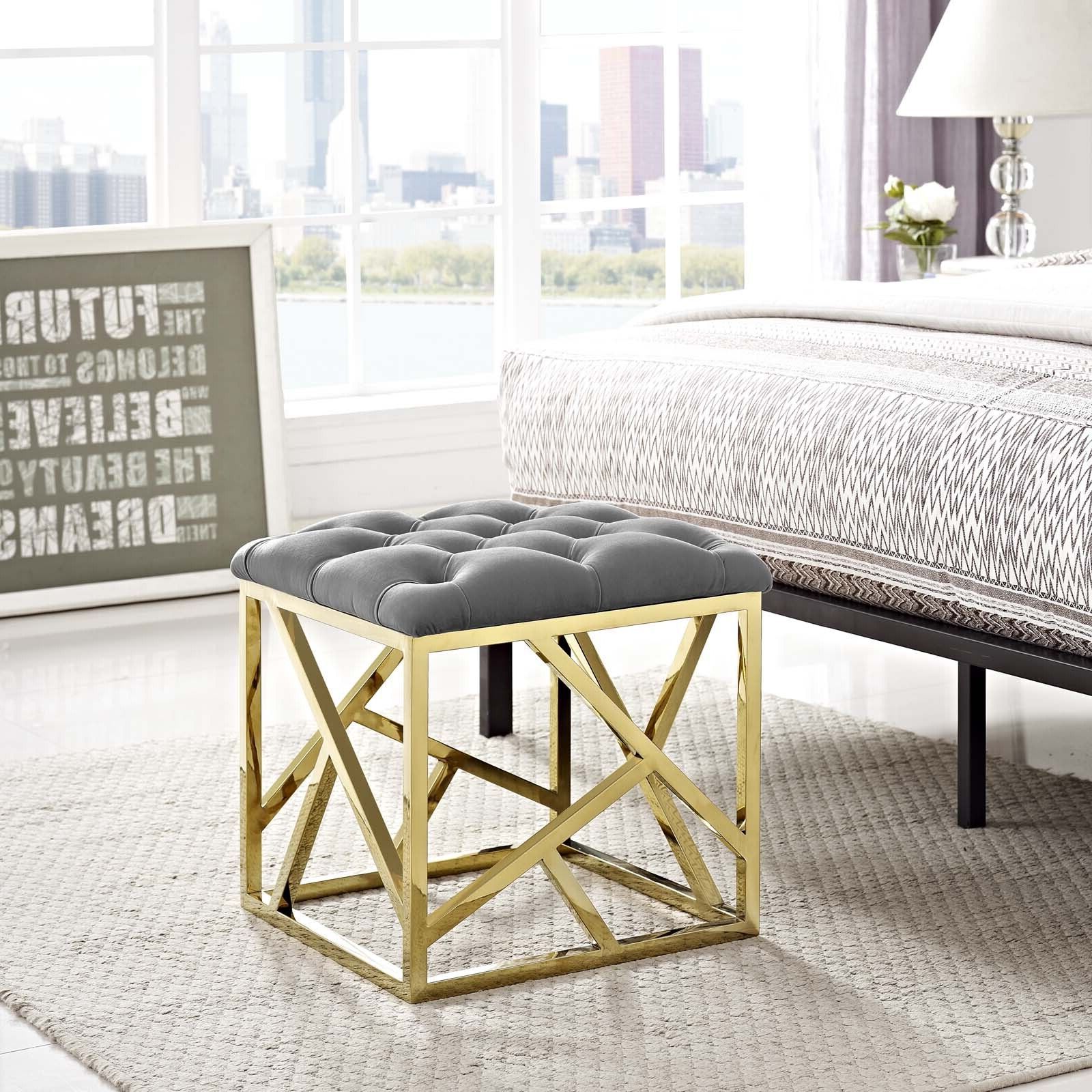 2019 Geometric Gray Ottomans Within Contemporary Modern Tufted Velvet Geometric Metal Ottoman Bench In Gold Gray (View 11 of 15)