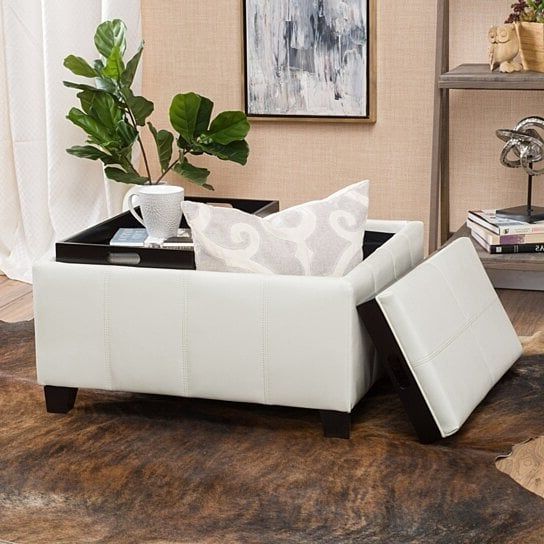 2020 Buy Justin 2 Tray Top Ivory Leather Ottoman Coffee Table With Storage Gdfstudio On Dot & Bo Inside Ivory Faux Leather Ottomans (View 6 of 15)
