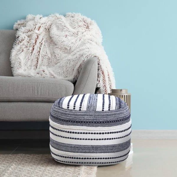 2020 Lr Home Seaside Navy Blue / Ivory Striped Textured Pouf Ottoman  5351a2084d9348 – The Home Depot Within Ivory And Blue Ottomans (View 12 of 15)
