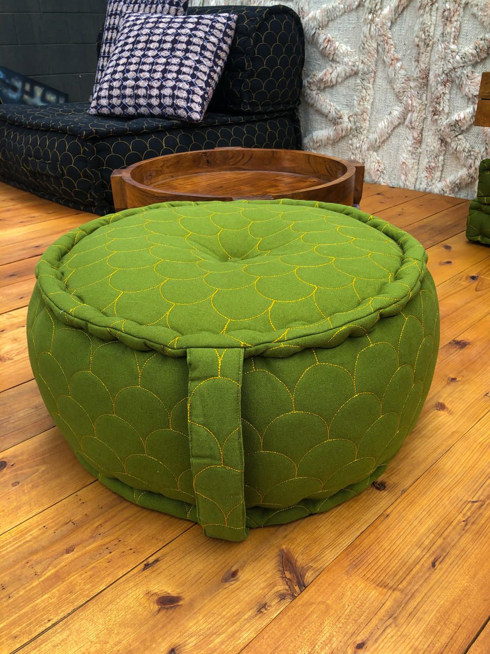 2020 Ottoman Round Boho Chic Canvas Floor Cushion Pillow Pouf In Moss Green –  Indie Ella Lifestyle Regarding Ottomans With Cushion (View 2 of 15)